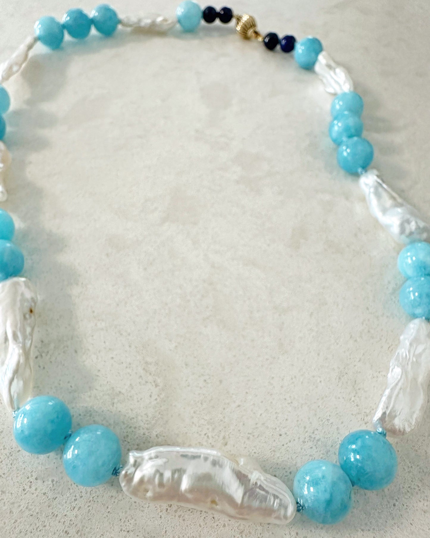 Biwa Pearls Aquamarine Lapis 14K Gold Necklace