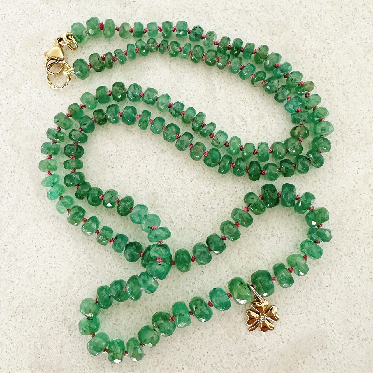 Emerald Diamond Clover Charm 14K Gold Bead Necklace
