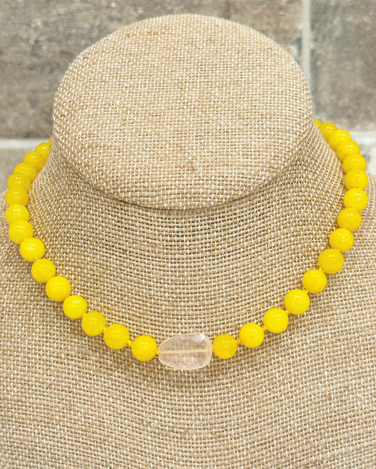 14K Gold Yellow Jade & Rose Quartz Beaded Candy Gemstone Necklace