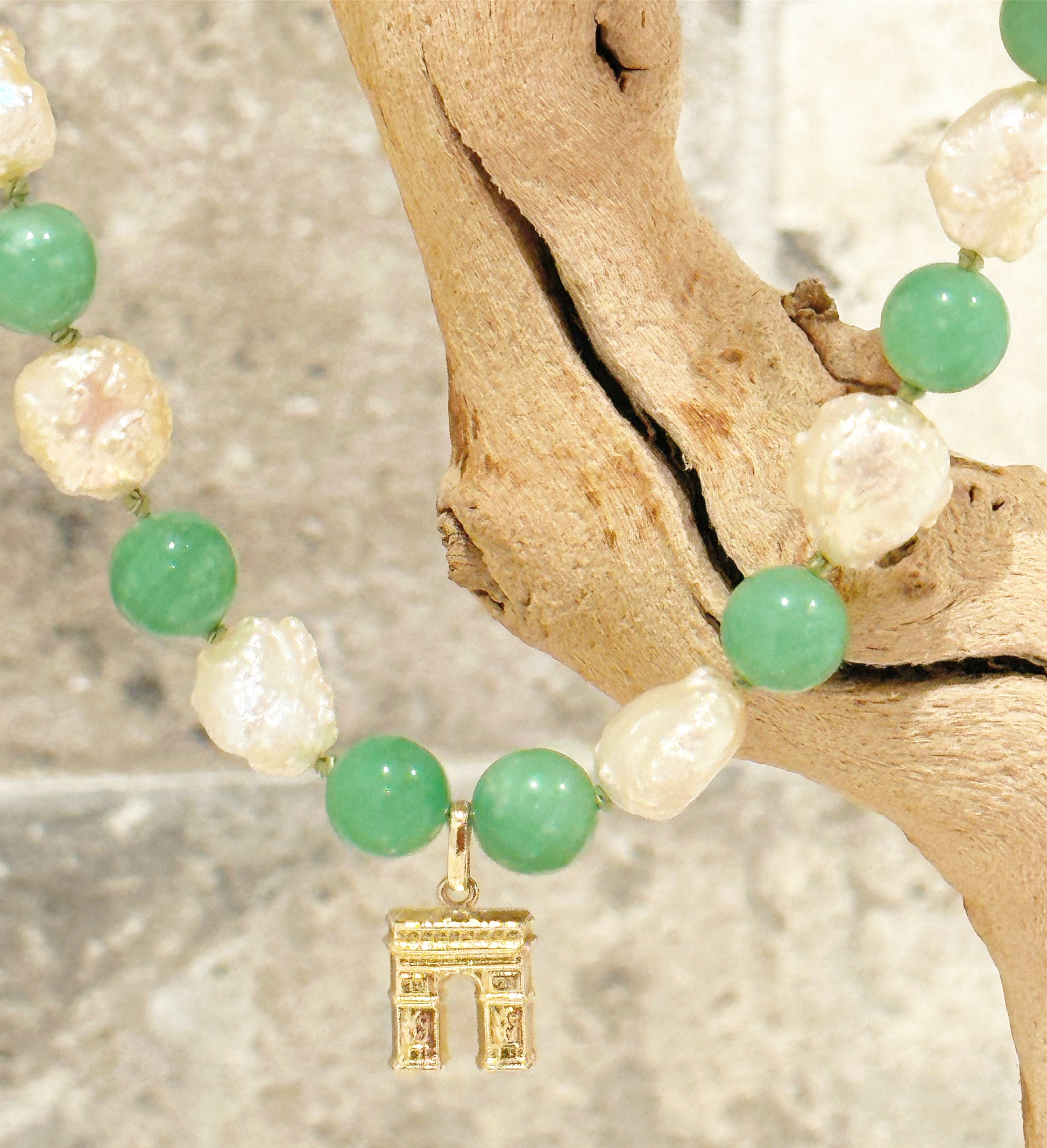Vintage Arc de Triomphe Pearl Jade 14K Gold Necklace