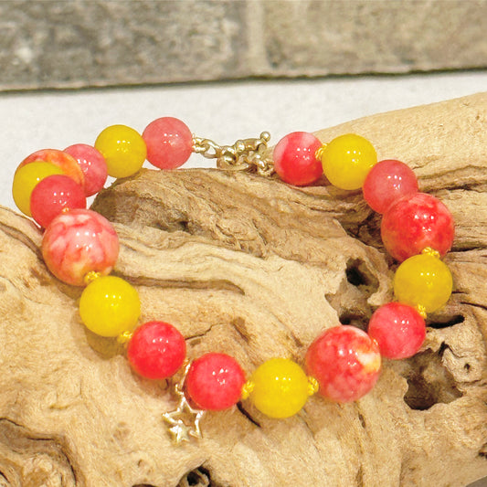 14K Solid Yellow Gold Star, Yellow & Pink Jade Bead Bracelet
