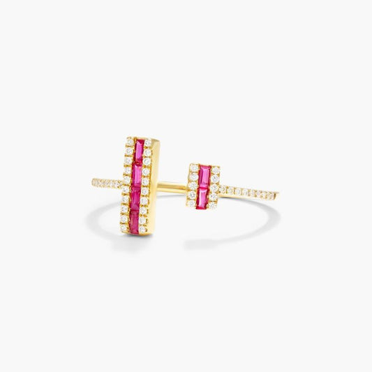 14K Solid Gold Open Double Bar Ruby & Diamond Ring