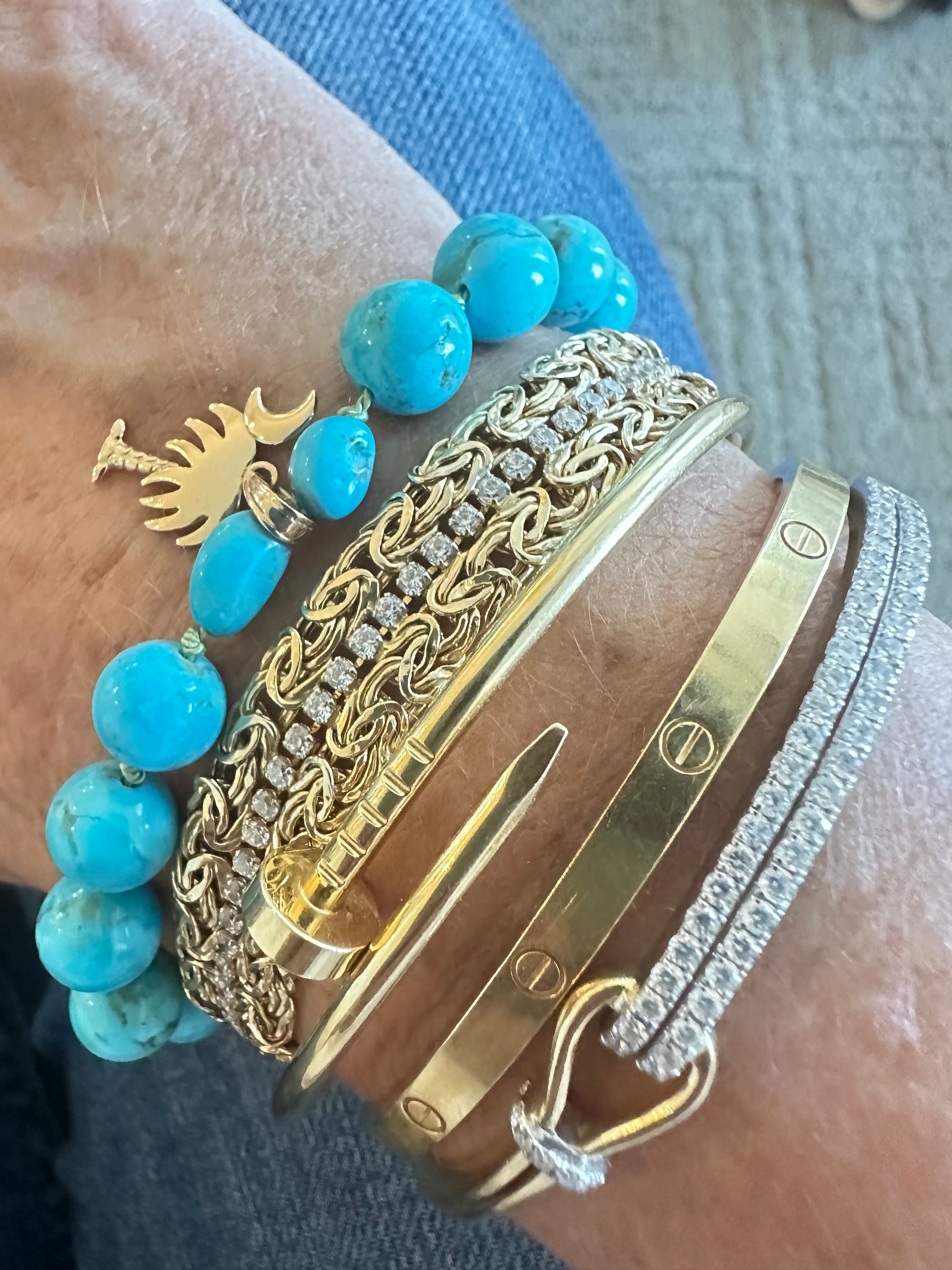 14K Gold Kingman Turquoise Palmetto Moon Charm Bracelet
