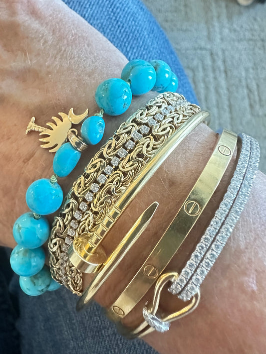 14K Solid Gold Kingman Mine Turquoise Charleston Palmetto Moon Charm Bracelet