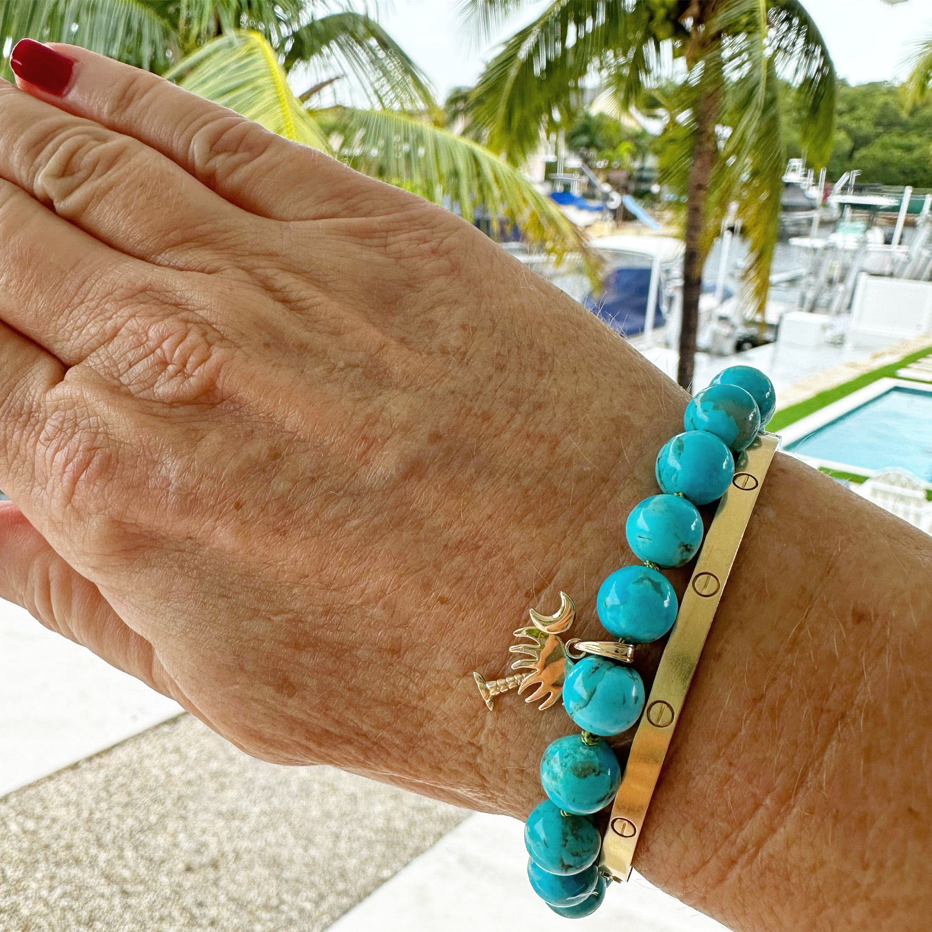 Kingman Turquoise Palm Tree 14K Gold Charm Bracelet